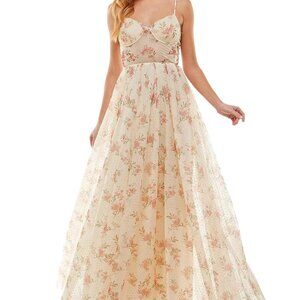 Junior Printed Floral Gown with sheer corset
